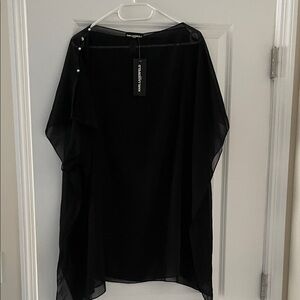 NEW Karl Lagerfeld Black Sheer Drape Blouse with Button-Shoulder Detail